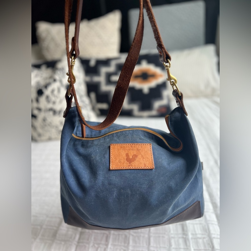 Meanwhile Back On The Farm Navy Wax Canvas Leather Hobo & Crossbody Bag